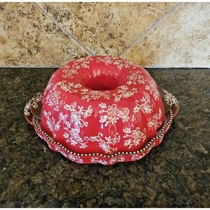 Temp-tations Floral Lace Red Bundt Pan Serving Platter Old World CeramicBakeware